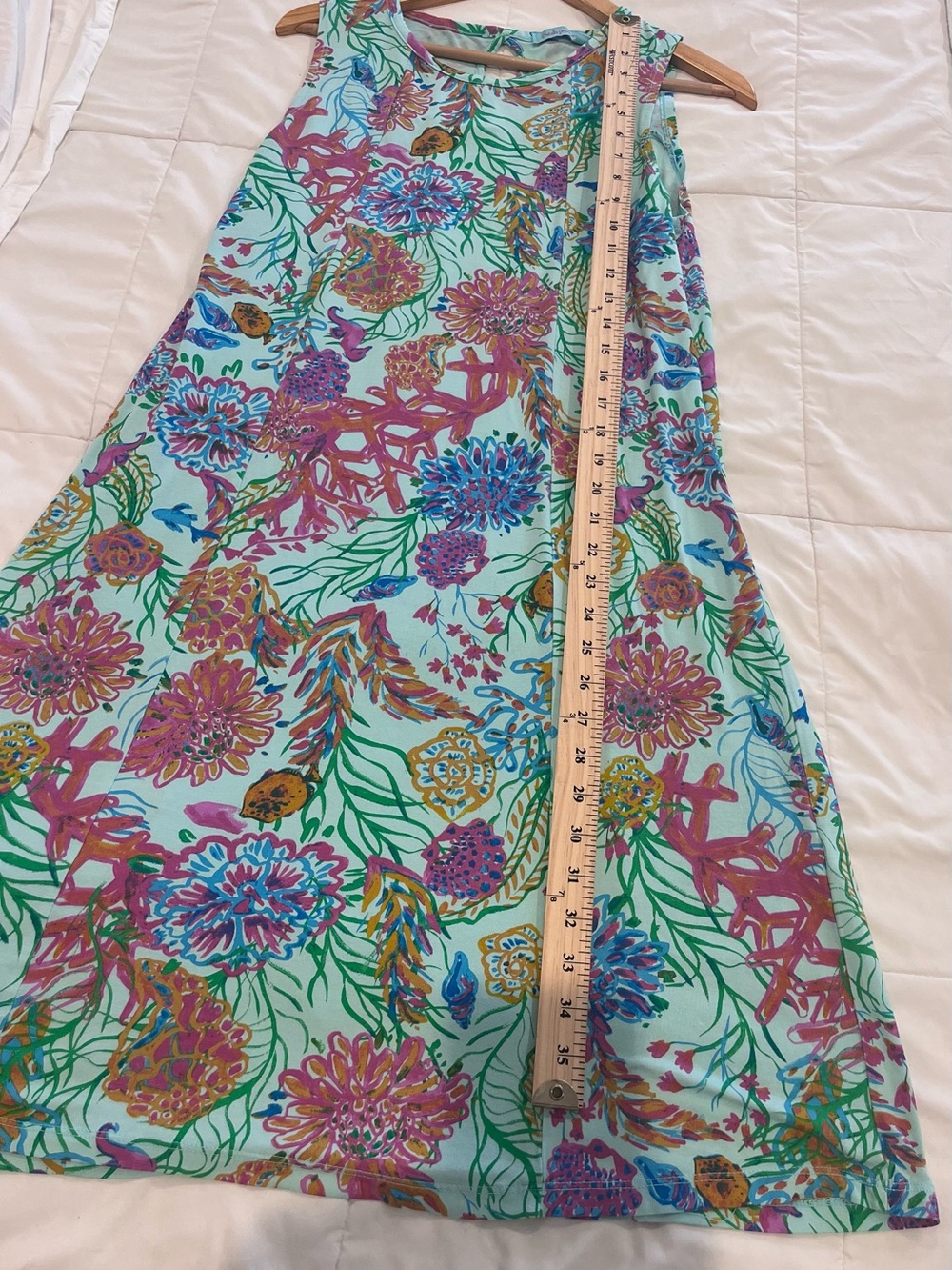 Fresh Produce LARGE Turquoise Aqua Sleeveless Tank Dress Sea Fish Coral Print - Picture 8 of 10